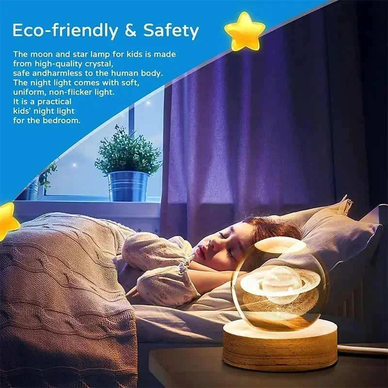 veilleuse 3D en cristal système solaire cadeau décoratif en bois - vue 3 sur 16