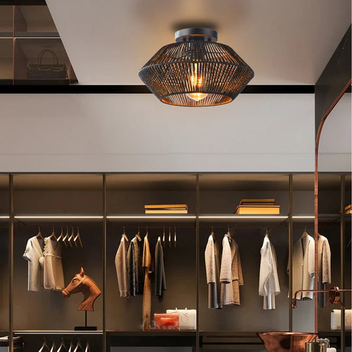 Plafonnier tissé de vigne rétro noir lampe tissée couloir silencieux chambre plafonnier tissé de vigne - vue 6 sur 7