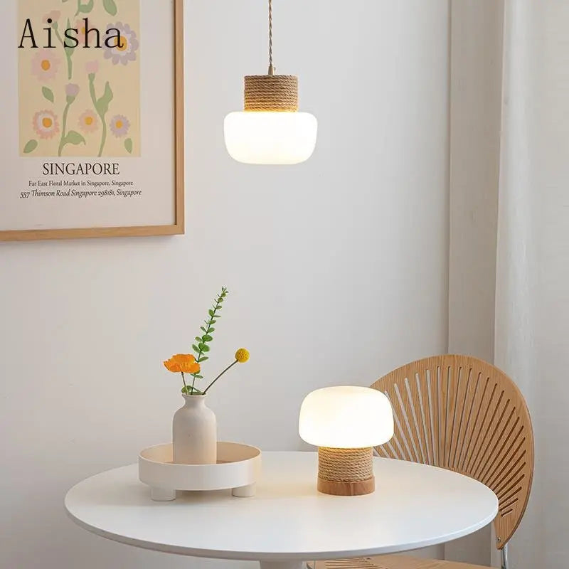 suspension wabi-sabi en verre blanc avec corde de chanvre - vue 2 sur 10