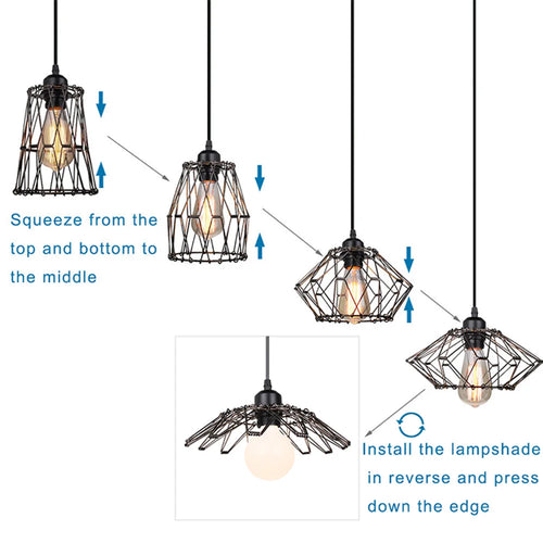 Pendant Light,Industrial Ceiling Pendant Light Fixtures Metal Lampshade,Deformable Geometric Cord Adjustable Folding Cage E27 - vue 6 sur 7