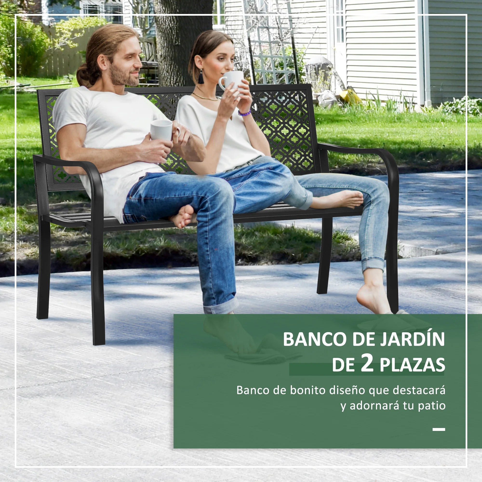 banc de jardin en acier deux places avec dossier décoratif - vue 6 sur 7
