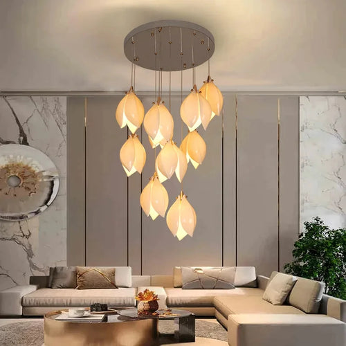 lustre duplex led en céramique magnolia pour hôtel et villa - vue 3 sur 15