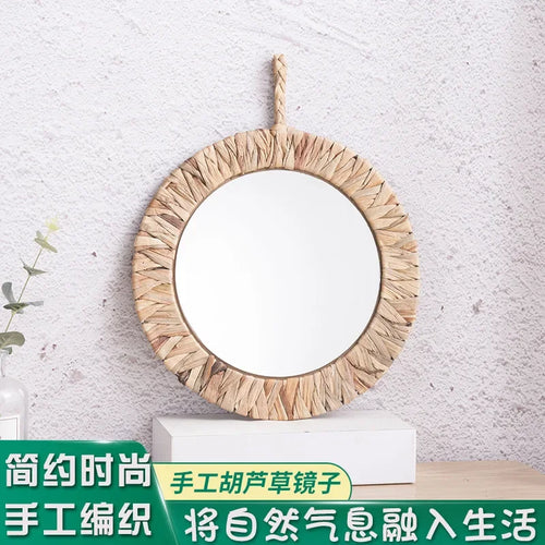 miroir tissé rétro en rotin pour décoration murale - vue 2 sur 6