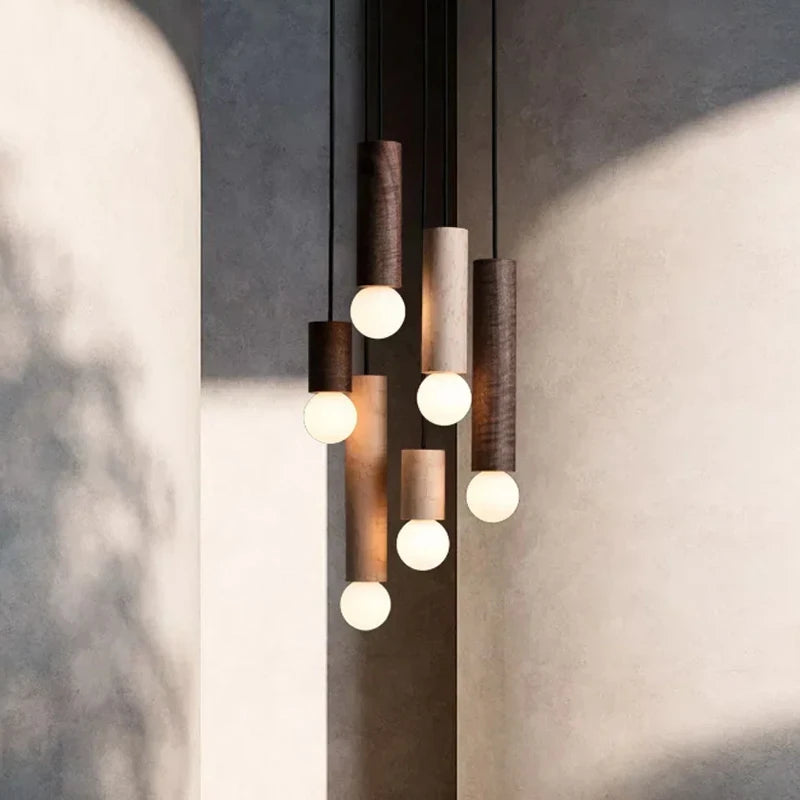 lampe suspendue en bois led décoration simple nordique - vue 3 sur 12