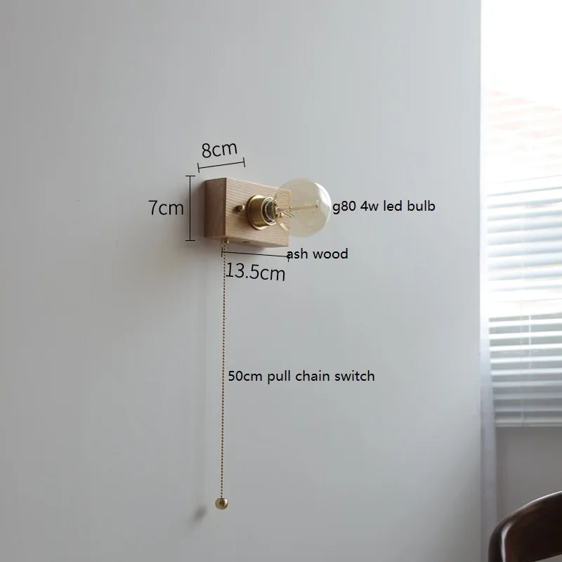 Applique murale vintage japonaise en bois et cuivre avec interrupteur à chaîne - vue 10 sur 17