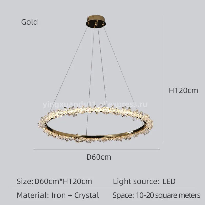 lustre en cristal de luxe avec anneau doré lumineux et élégant - vue 13 sur 18