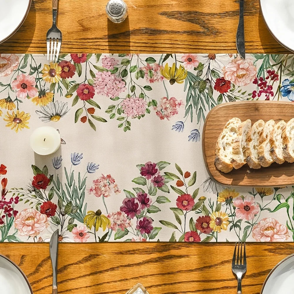 Chemin de table en lin motif fleurs papillons - vue 4 sur 6