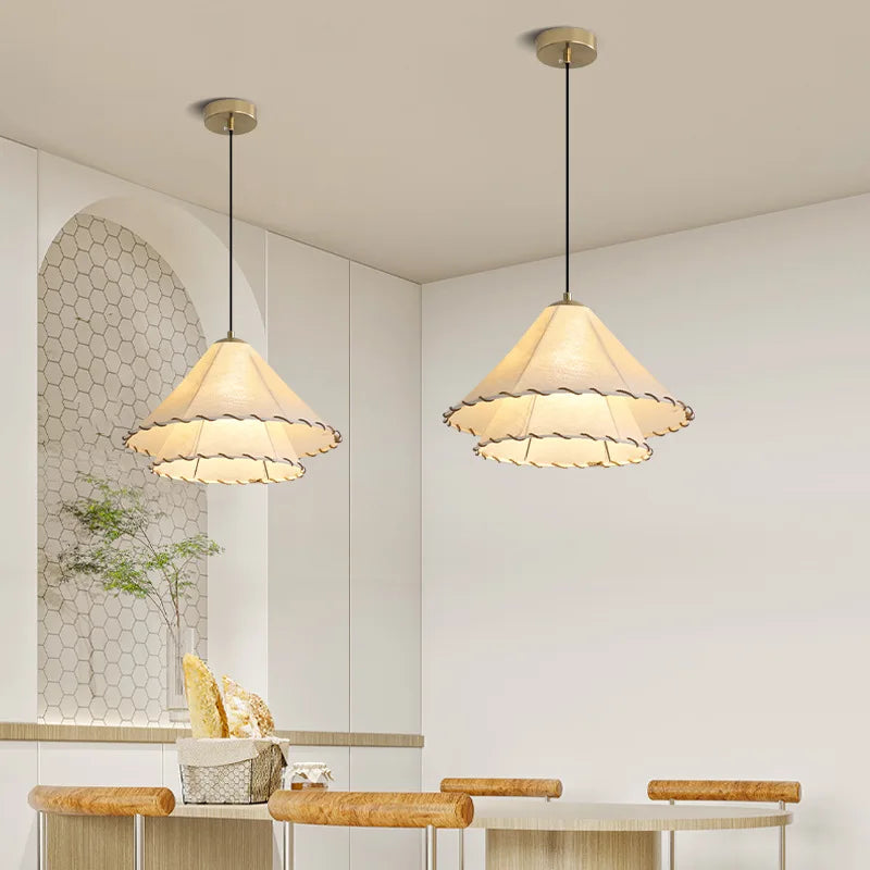 suspension Tissu nordique LED lumière Wabi Sabi pour salon décoration de la maison chambre créative coton lin chapeau - vue 5 sur 9