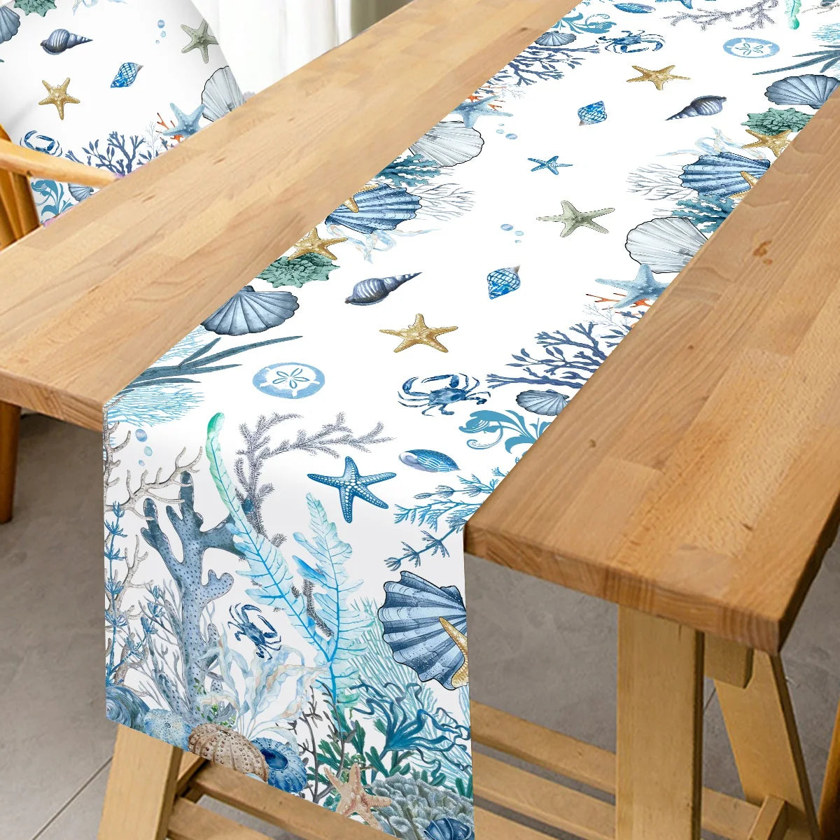 Chemin de table motif vie marine étoiles hippocampes - vue 3 sur 7