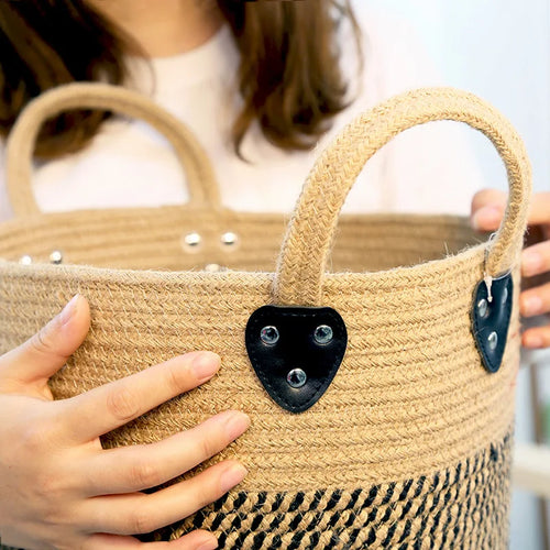 panier de rangement en jute et coton avec poignée - vue 3 sur 7