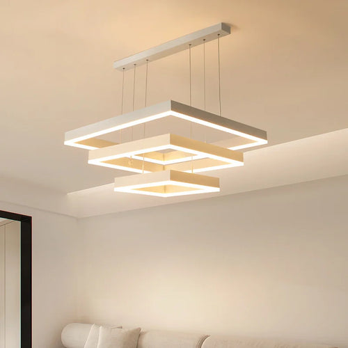 Modern Square LED Chandelier, White Living Restaurant, Kitchen, Bedroom, Rectangular Chandelier, Chandelier - vue 2 sur 11