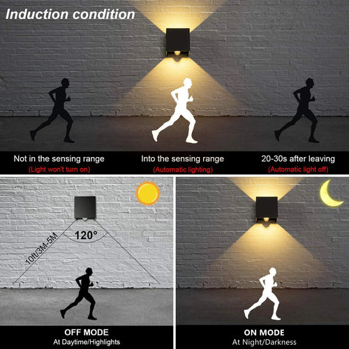 12W UP and Down Outdoor LED Wall Lamp PIR Motion Sensor Waterproof Garden Porch Light Adjustable Aluminum Wall Sconce Lighting - vue 4 sur 15