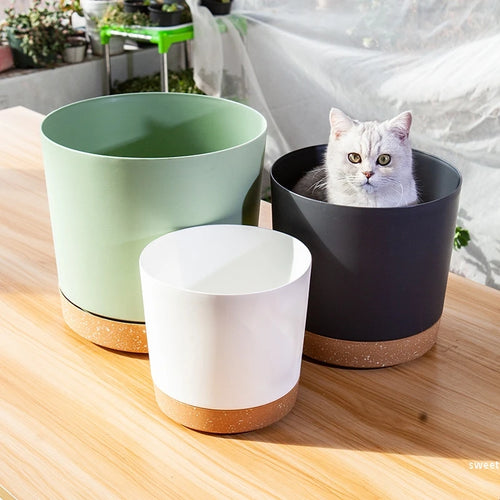 grand pot circulaire en plastique pour plantes d'intérieur avec drainage et plateau - vue 5 sur 15