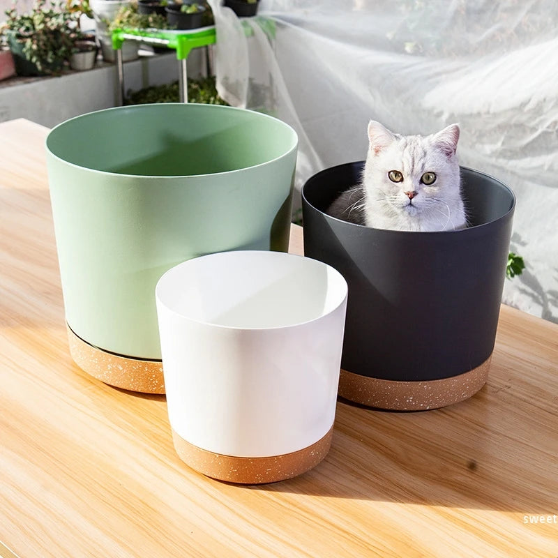 grand pot circulaire en plastique pour plantes d'intérieur avec drainage et plateau - vue 4 sur 15