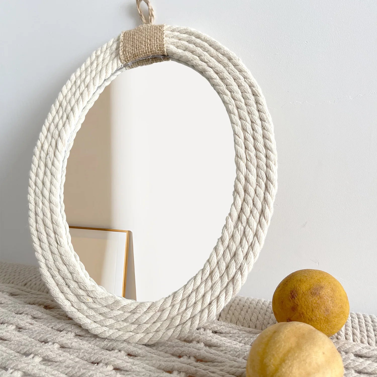 miroir ovale en corde style nautique avec frange en macramé - vue 3 sur 7
