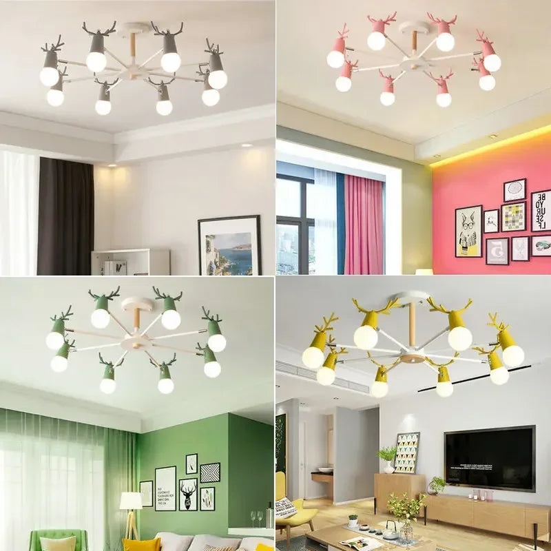 lustre led en fer et bois forme cerf pour décoration intérieure - vue 3 sur 12