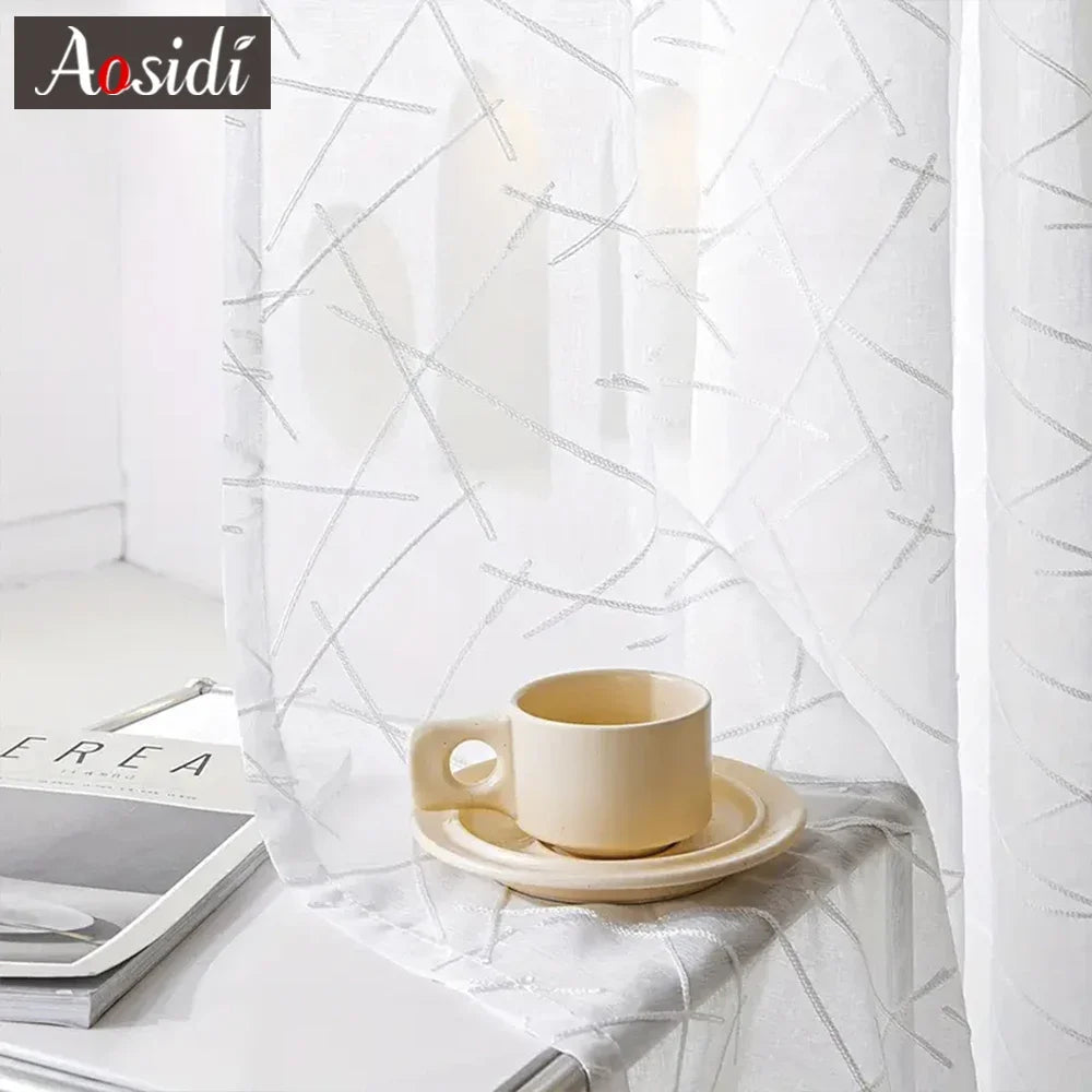 Voilage tulle brodé motifs géométriques rayés salon chambre - vue 4 sur 7