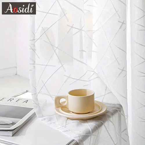 Voilage tulle brodé motifs géométriques rayés salon chambre - vue 5 sur 7