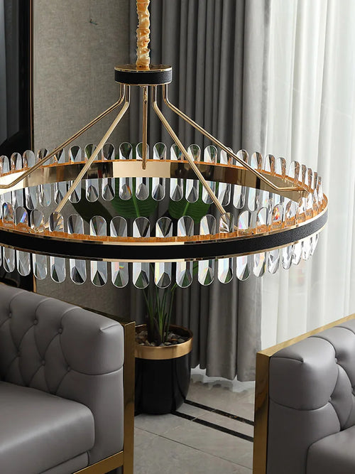 lustre en cuir led cristal luxueux rond suspendu moderne - vue 4 sur 24