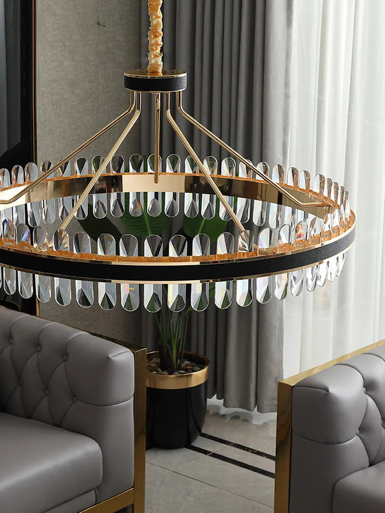 lustre en cuir led cristal luxueux rond suspendu moderne - vue 3 sur 24