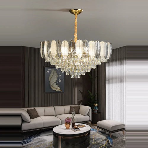 lustre suspendu led art déco en cristal et plumes blanches et grises - vue 6 sur 17