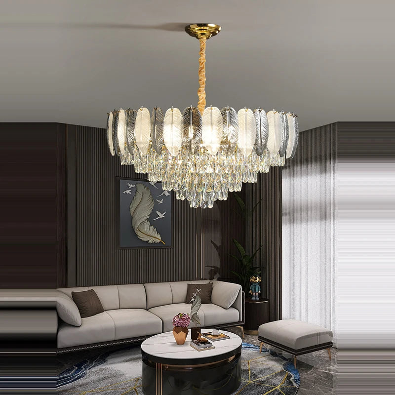lustre suspendu led art déco avec plumes blanches et grises - vue 5 sur 17