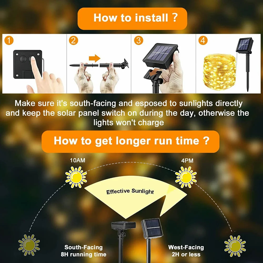 guirlandes lumineuses solaires étanches 300 led 8 modes fil cuivre - vue 10 sur 12