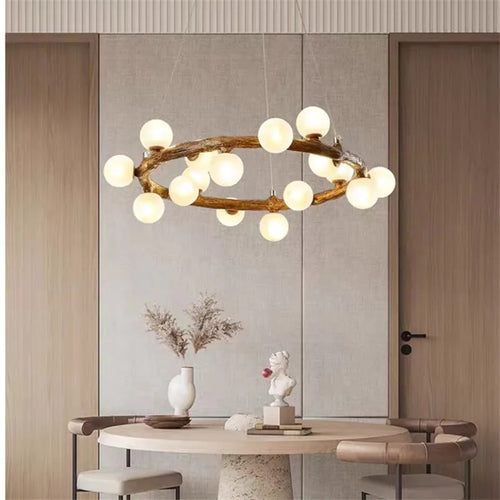 lustre nordique en bois avec anneau de personnalité et verre laiteux - vue 2 sur 11