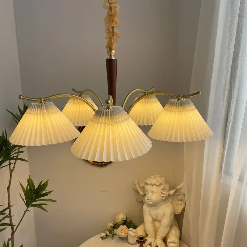 lustre suspendu nordique rétro abat-jour en tissu plissé lampe décorative - vue 3 sur 11