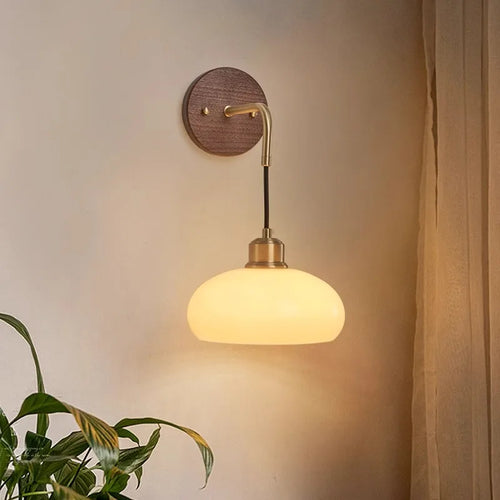 Walnut Wood Glass Brass, Wabi-sabi minimalist Modern style, Wall Sconce light for Bedroom, Bedside, Living, Dining Room - vue 3 sur 7