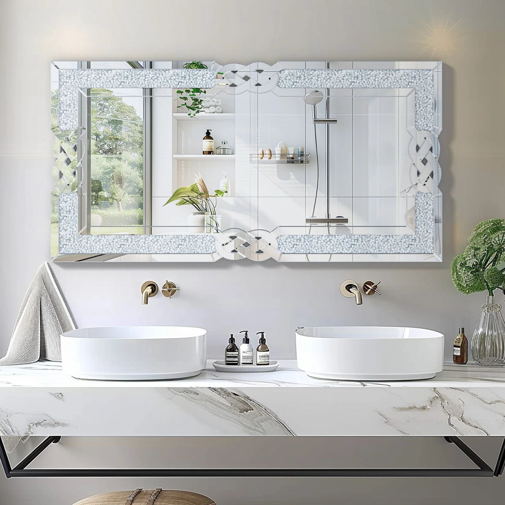 miroir rectangulaire en verre avec cadre en cristal décoratif - vue 3 sur 8