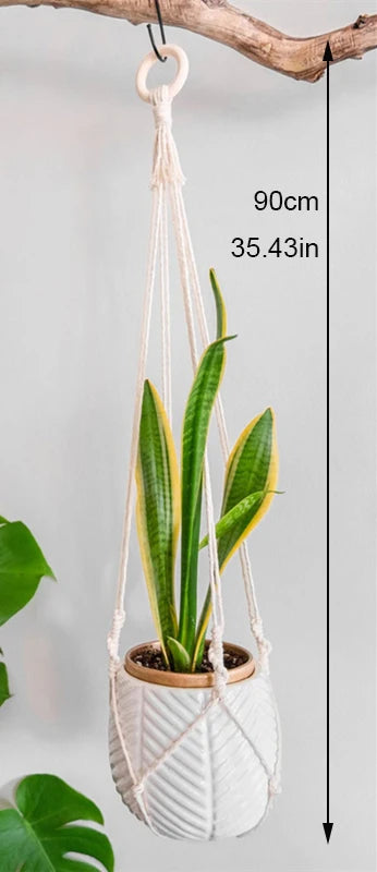support de plante en macramé suspendu fait main en coton naturel - vue 10 sur 23