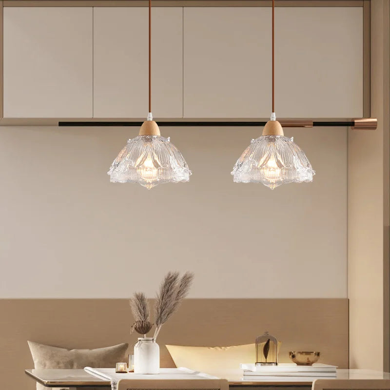 lustre nordique led suspendu moderne en bois et verre - vue 4 sur 13