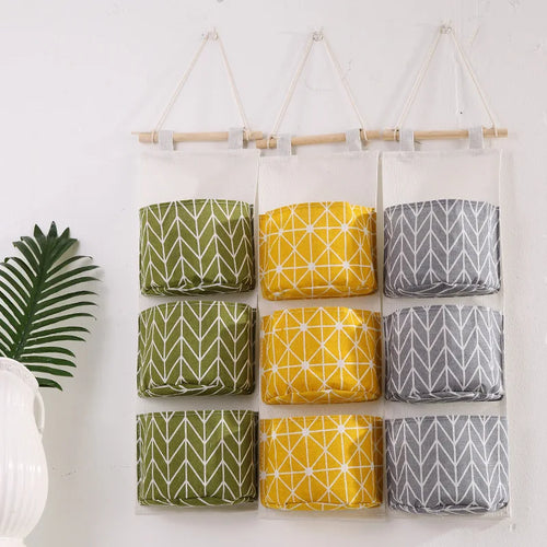 sac de rangement suspendu en coton et lin trois couches - vue 2 sur 9