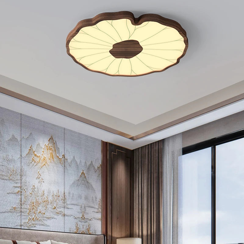 plafonnier moderne design feuille lotus en bois avec lumière led - vue 3 sur 18