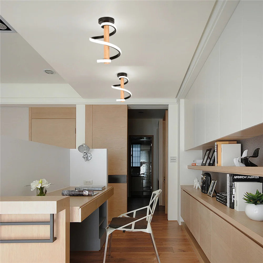 plafonnier led ondulé en bois design moderne long tube décoratif - vue 4 sur 10