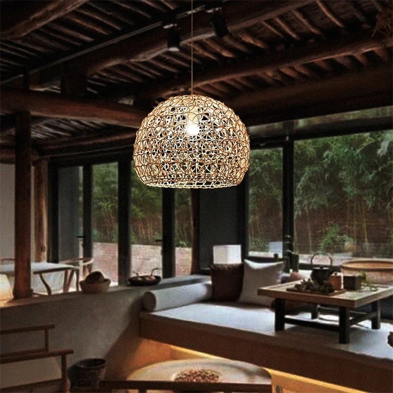 lustre en rotin tissé à la main style chinois moderne - vue 3 sur 14