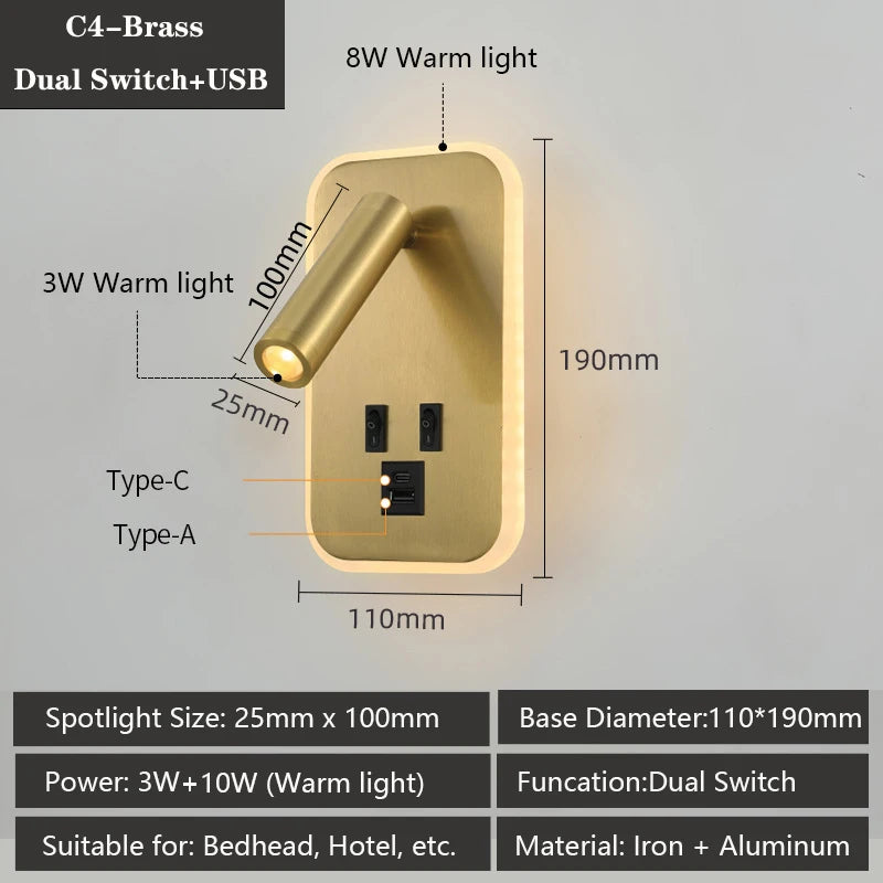 applique murale moderne avec ports usb et lampes de lecture réglables - vue 10 sur 16