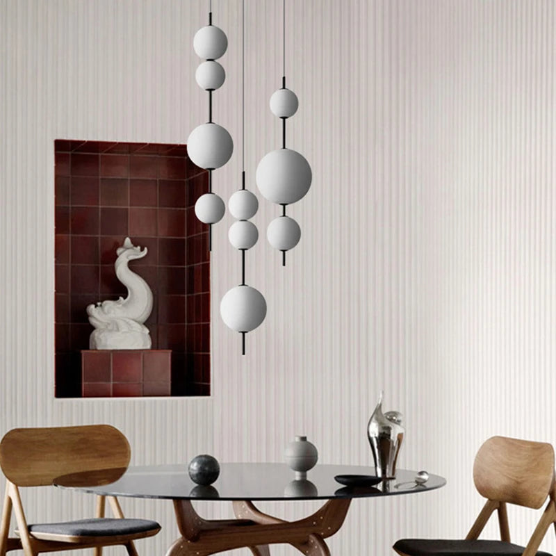 2024 LED White Glass Beads Pendant Chandelier Cafe Bar Bedroom Kitchen Round Ball Hanging Lighting Fixture Home Decor - vue 4 sur 9