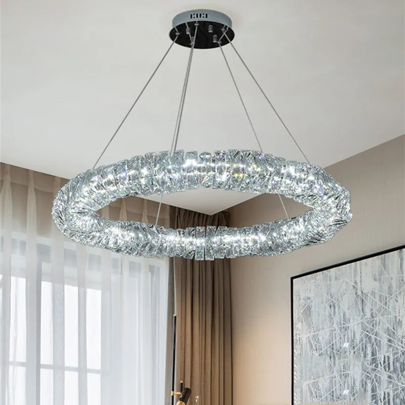 suspension moderne à intensité variable avec télécommande en cristal et acier - vue 5 sur 21