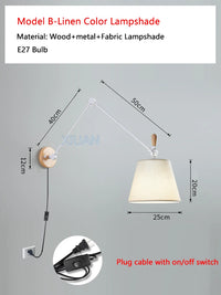 Nordic Shiftable Rocker Arm Wall Lamps Fabric Lampshade Dining Table Wall Light for Bedside Study Reading Lighting ON/OFF Switch