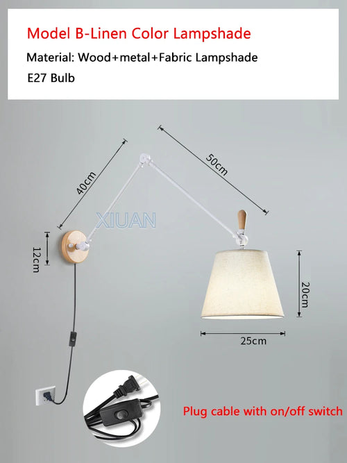 Nordic Shiftable Rocker Arm Wall Lamps Fabric Lampshade Dining Table Wall Light for Bedside Study Reading Lighting ON/OFF Switch