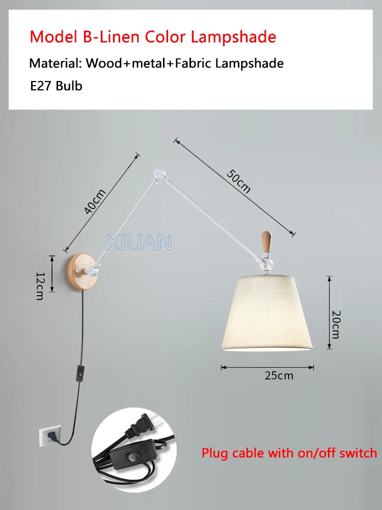 Nordic Shiftable Rocker Arm Wall Lamps Fabric Lampshade Dining Table Wall Light for Bedside Study Reading Lighting ON/OFF Switch