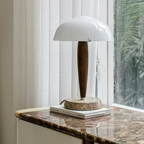 lampe de table moderne en bois et marbre avec abat-jour en verre - vue 6 sur 9