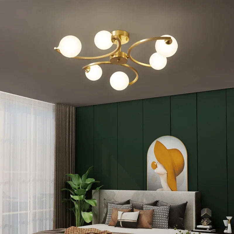 plafonnier moderne en cuivre doré avec boule de verre et led - vue 5 sur 10