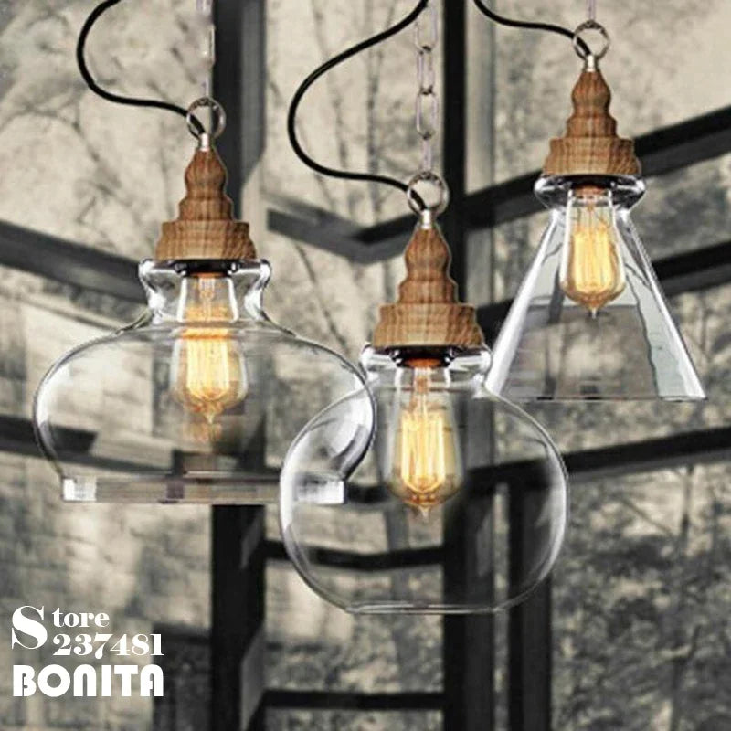 edison luminaire suspendu vintage en verre bois et fer - vue 2 sur 9