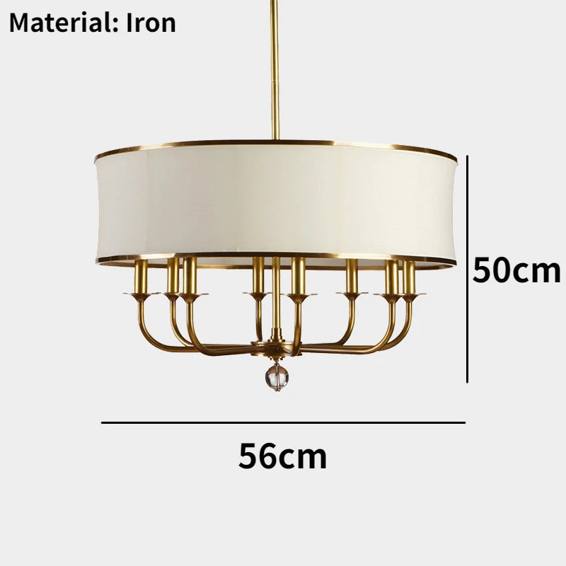 lustre en cuivre style américain avec abat-jour en tissu créatif simple