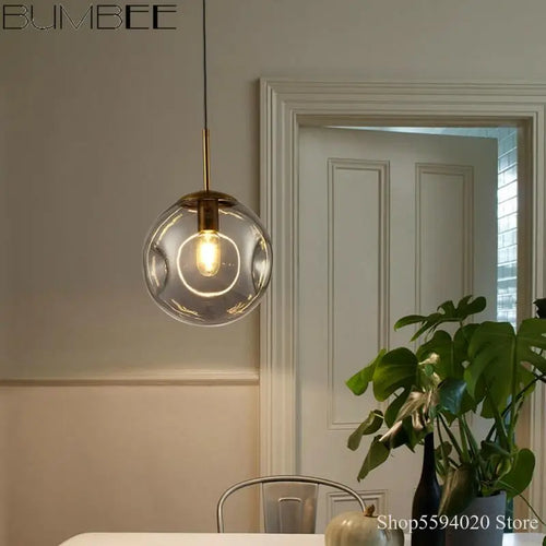 lustre suspension industriel simple boule verre moderne nordique - vue 5 sur 8