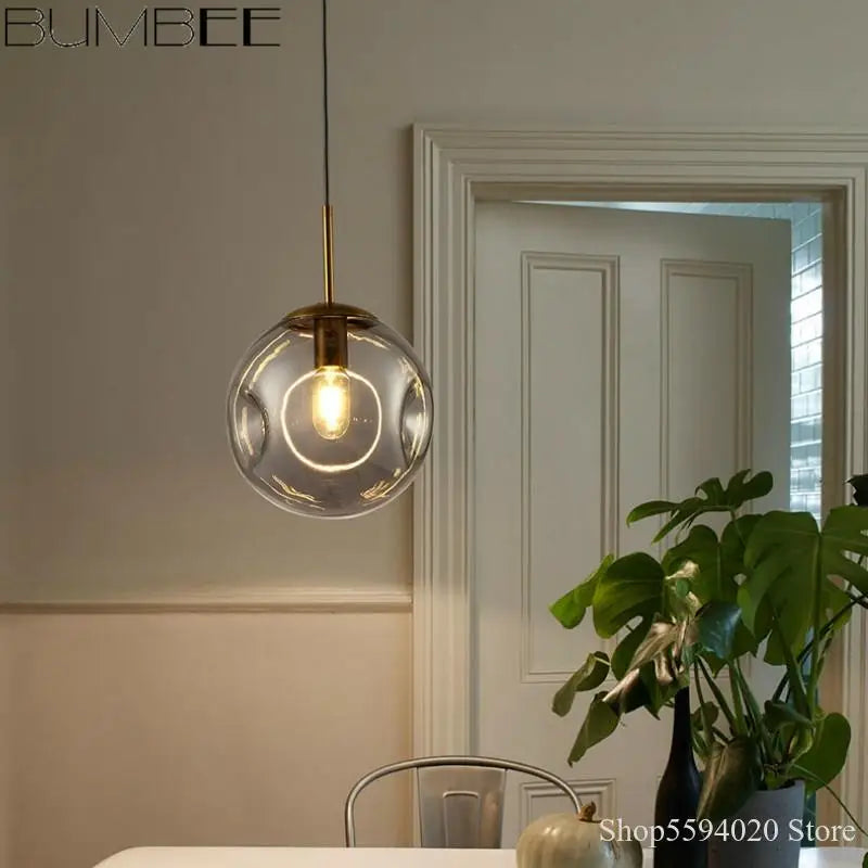 lustre suspension industriel simple boule verre moderne nordique - vue 4 sur 8