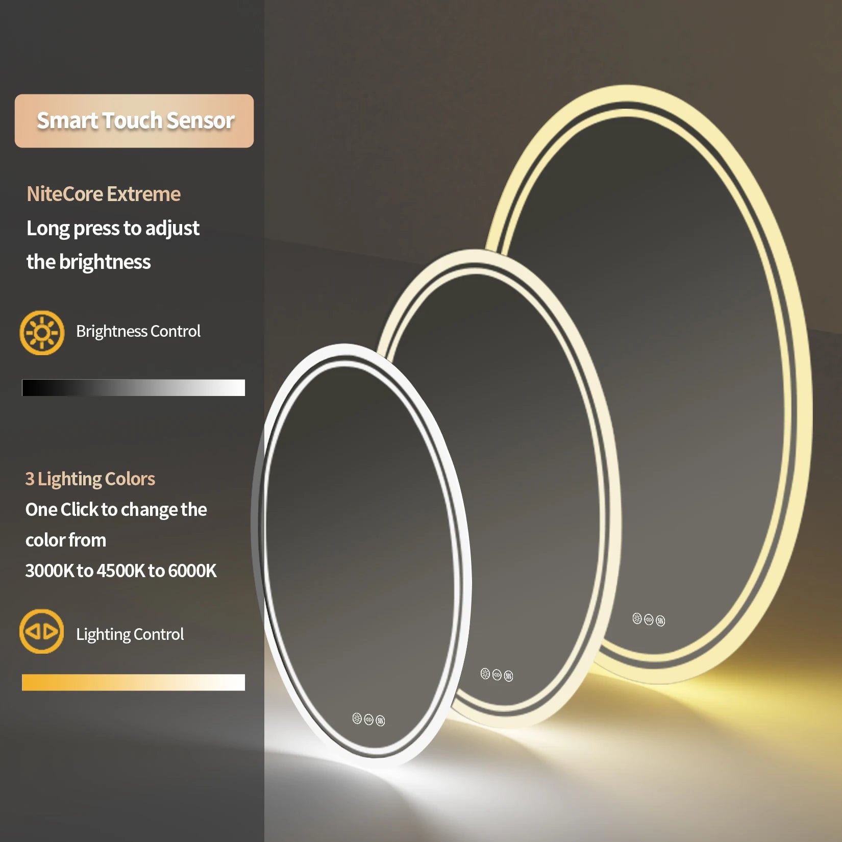 miroir oval lumineux avec fonction antibuée et éclairage ajustable - vue 3 sur 8
